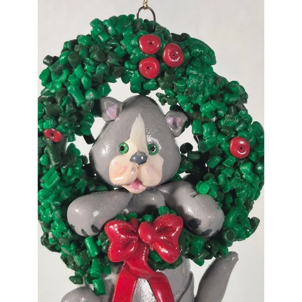 Handmade Polymer Clay Grey Cat In Christmas Wreath Ornament Signed Betsy